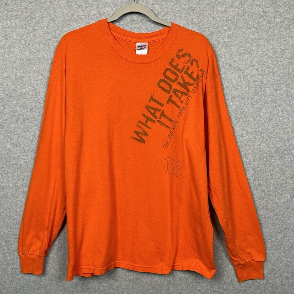 ING NYC Marathon 2008 T-Shirt Size Large Orange Long Sleeve Gildan Ultra Cotton